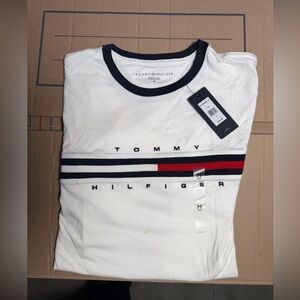 Tommy Hilfiger White Crewneck Tee with Navy & Red Stripe Logo